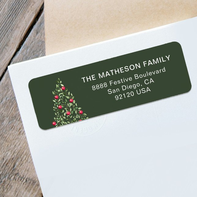 Modern Christmas Tree green red elegant family (Family Return address label - Watercolor Green foliage Christmas tree red ornament on green )