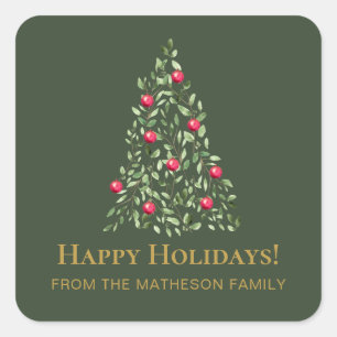 Modern Christmas Tree green red elegant family Square Sticker