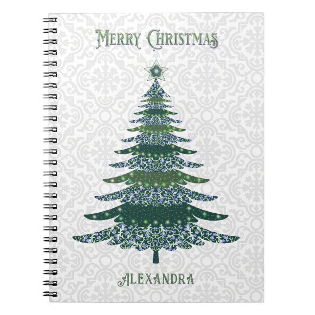 Modern Christmas Tree Green White Personalised Notebook (Front)