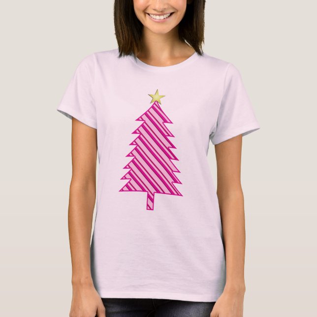 Modern Christmas Tree in Pink Peppermint Stripes T-Shirt (Front)