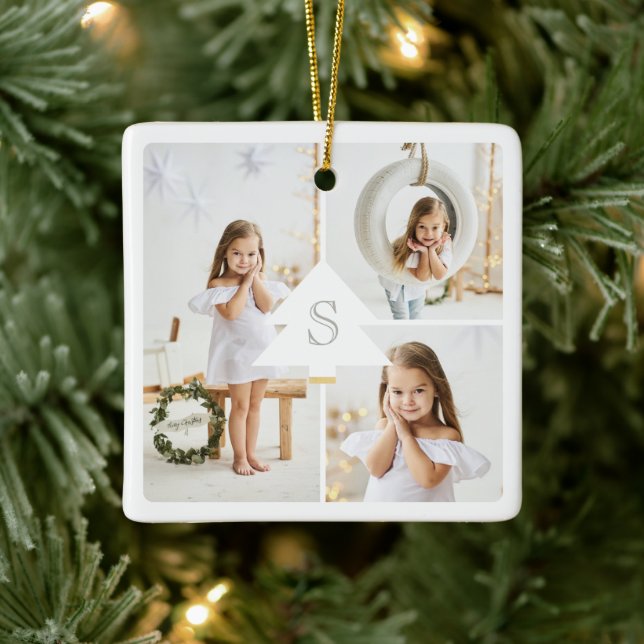 Modern Christmas Tree Monogram Three Photo Collage Ceramic Ornament (Tree)