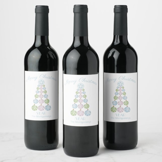 Modern Christmas Tree Pastel Ornaments Wine Label (Bottles)