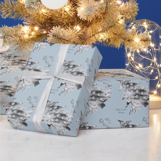 Modern Christmas Tree Pattern Elegant Pastel Blue Wrapping Paper (Holidays)