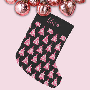 Modern Christmas Tree Pink Black Small Christmas Stocking