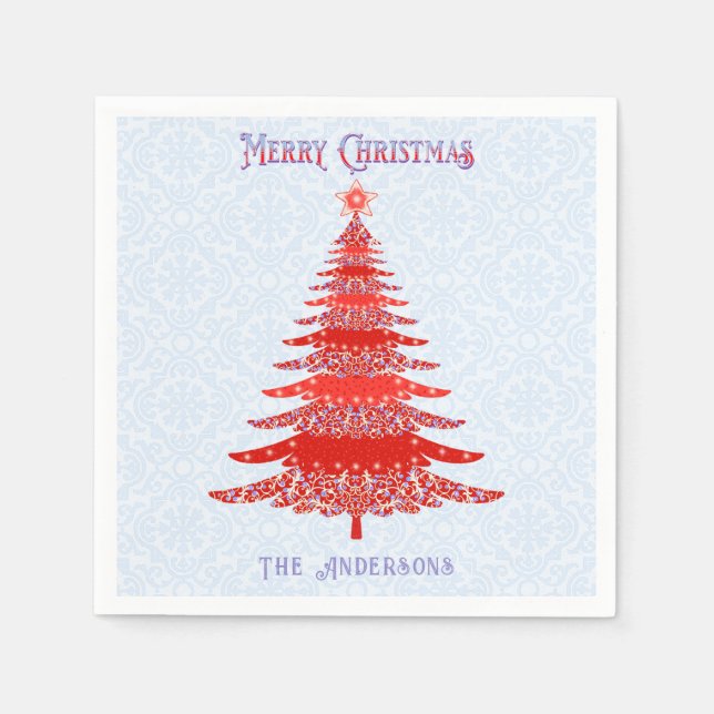 Modern Christmas Tree Red Blue Personalised Napkin (Front)