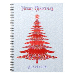 Modern Christmas Tree Red Blue Personalised Notebook