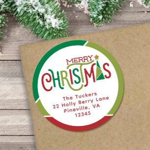Modern Christmas Tree Red & Green Return Address Classic Round Sticker