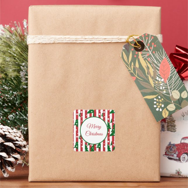 Modern Christmas Tree Red Green Striped pattern Square Sticker (Holiday)