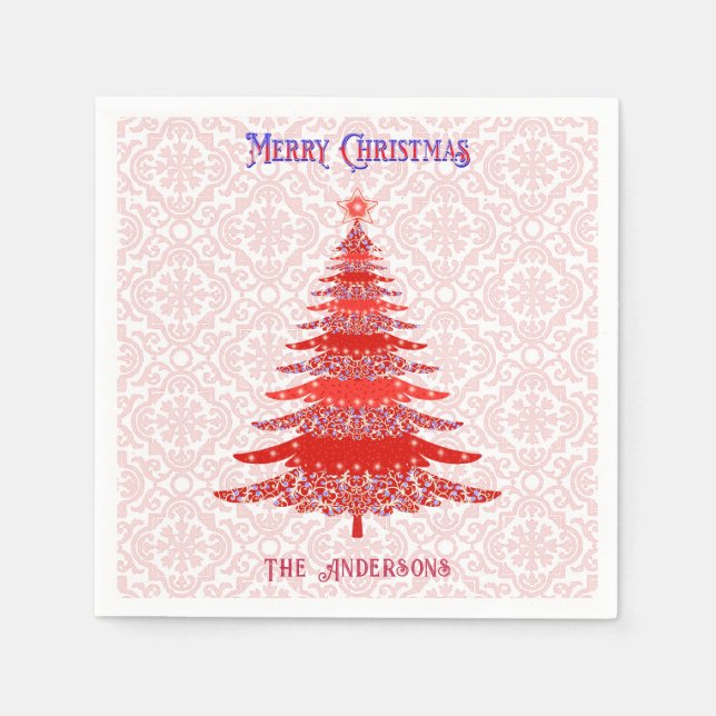 Modern Christmas Tree Red Personalised Snowflakes Napkin (Front)