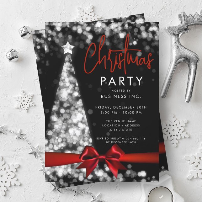 Modern Christmas Tree Red Silver Corporate Party Invitation (Modern Christmas Tree Red Silver Corporate Party Invitation)