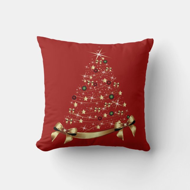 Modern Christmas Tree Stars Ornament Gold Bow Cushion (Front)