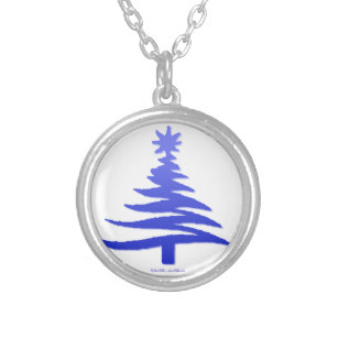 Modern Christmas Tree Stencil Print Blue Silver Plated Necklace