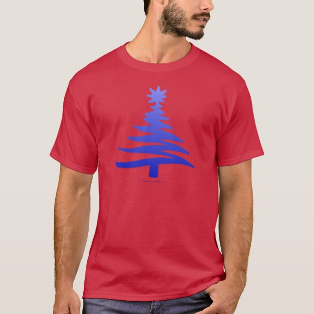 Modern Christmas Tree Stencil Print Blue T-Shirt (Front)
