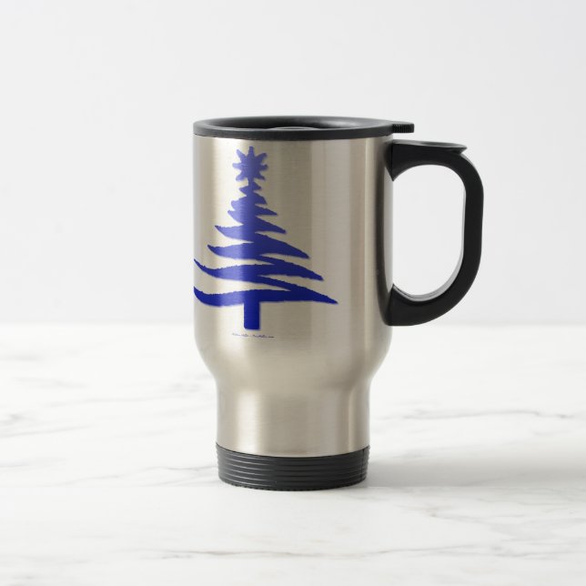 Modern Christmas Tree Stencil Print Blue Travel Mug (Right)