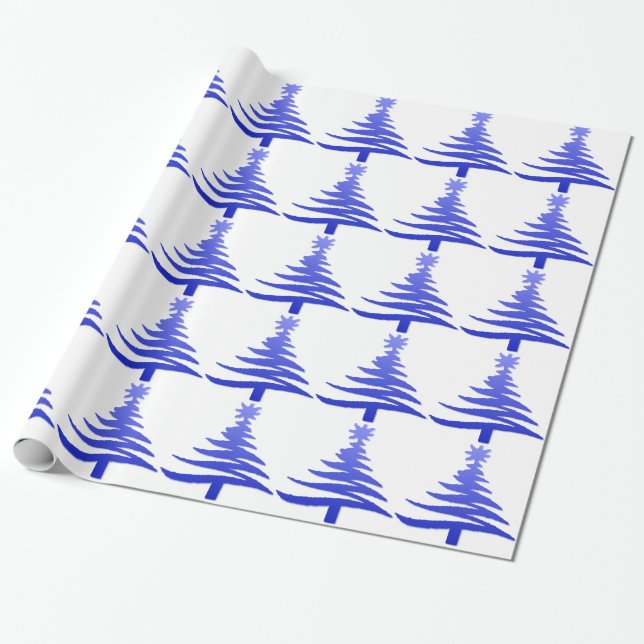 Modern Christmas Tree Stencil Print Blue Wrapping Paper (Unrolled)