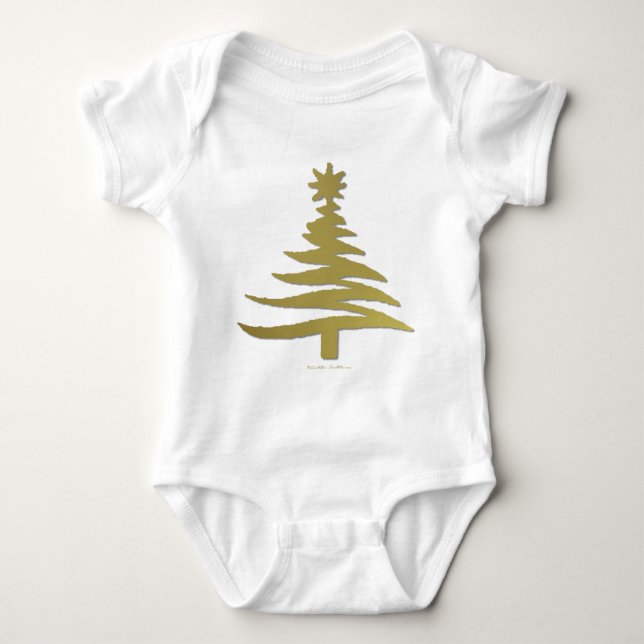 Modern Christmas Tree Stencil Print Gold Baby Bodysuit (Front)