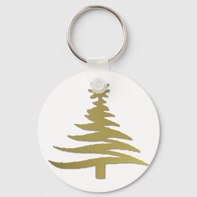 Modern Christmas Tree Stencil Print Gold Key Ring (Front)