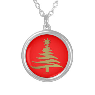 Modern Christmas Tree Stencil Print Gold Silver Plated Necklace