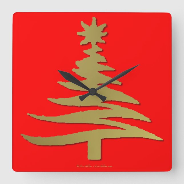Modern Christmas Tree Stencil Print Gold Square Wall Clock (Front)