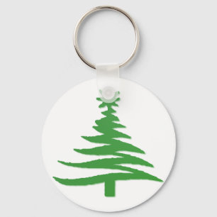 Modern Christmas Tree Stencil Print Green Key Ring