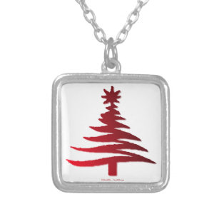 Modern Christmas Tree Stencil Print Red Silver Plated Necklace