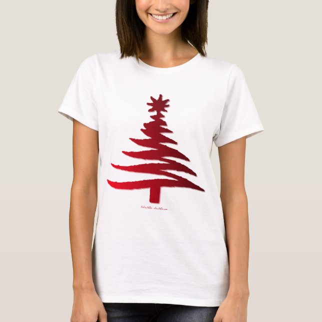 Modern Christmas Tree Stencil Print Red T-Shirt (Front)