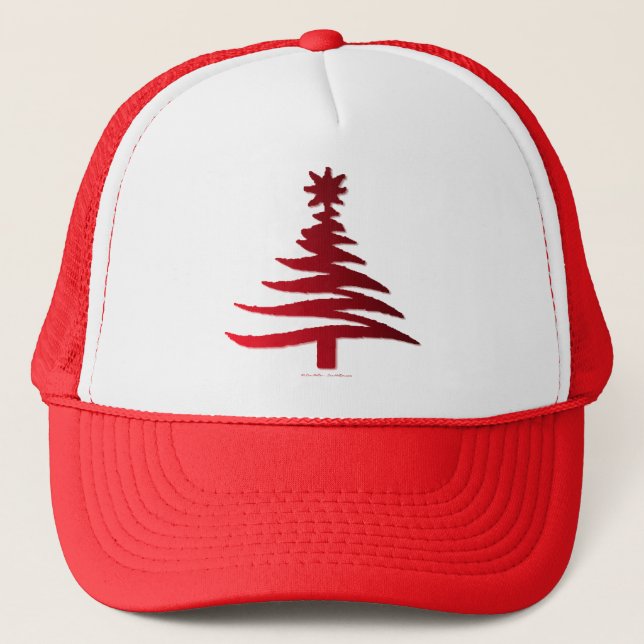Modern Christmas Tree Stencil Print Red Trucker Hat (Front)