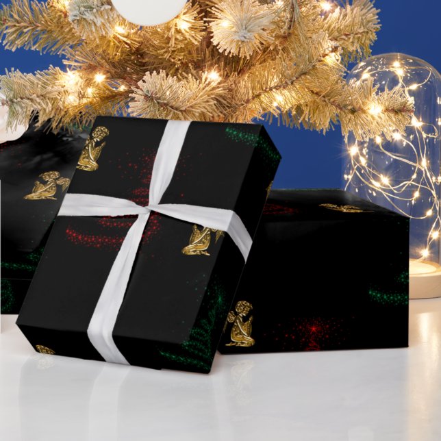 Modern Christmas Trees and Gold Angels Wrapping Paper (Creator Uploaded)