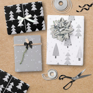 Modern Christmas Trees Black Silver Grey Pattern Wrapping Paper Sheet
