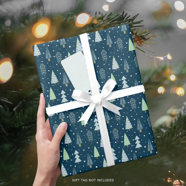 Modern Christmas Trees Blue Green Pattern Wrapping Paper (Creator Uploaded)