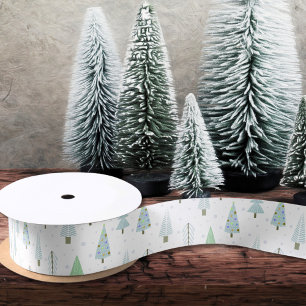 Modern Christmas Trees Blue Green Satin Ribbon