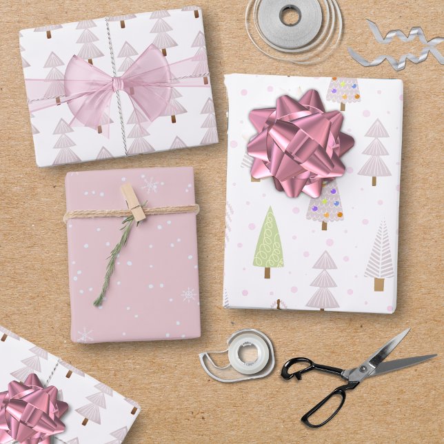 Modern Christmas Trees Blush Pink Pattern Trio Wrapping Paper Sheet (Creator Uploaded)