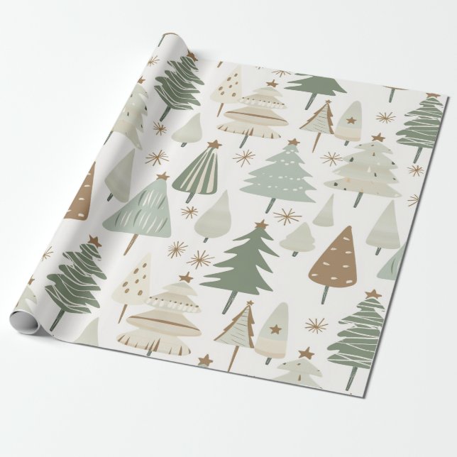 Modern Christmas Trees brown and green Wrapping Paper (Unrolled)