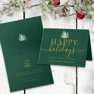Modern Christmas Trees Company Logo Green & Gold Holiday Card