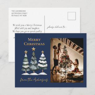Modern Christmas Trees Family Photo Navy Blue Holiday Postcard