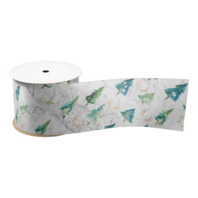 Modern Christmas Trees Green and Marble Satin Ribbon (Spool)