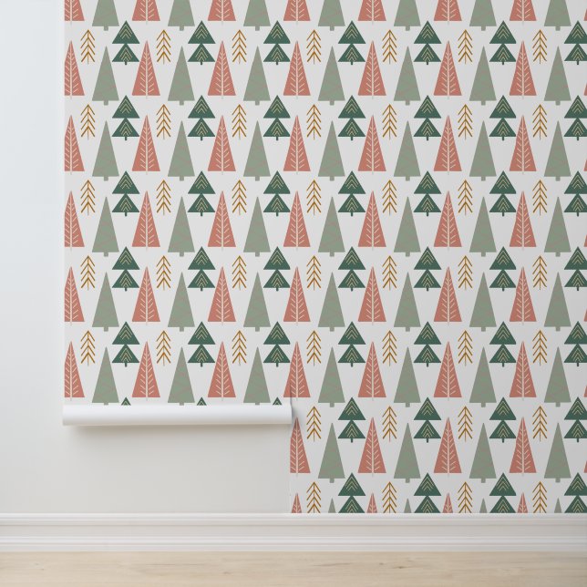 Modern Christmas Trees Green Pink Gold Wallpaper (Application)