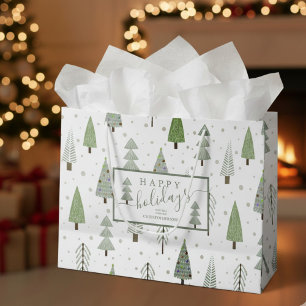 Modern Christmas Trees HAPPY HOLIDAYS Script Sage Large Gift Bag