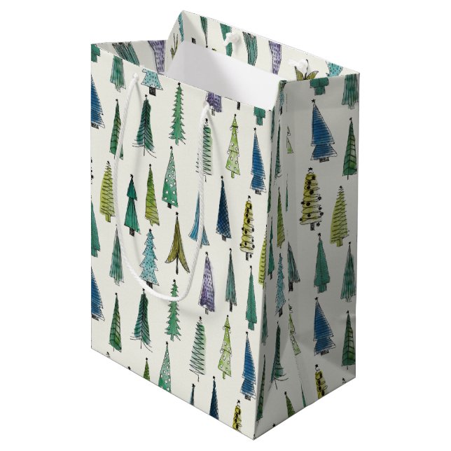 Modern Christmas Trees Illustrated Pattern Medium Gift Bag (Front Angled)