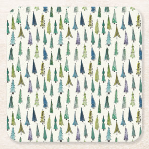 Modern Christmas Trees Illustrated Pattern Square Paper Coaster