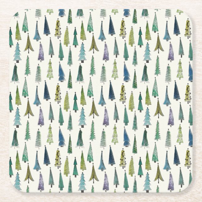 Modern Christmas Trees Illustrated Pattern Square Paper Coaster (Front)