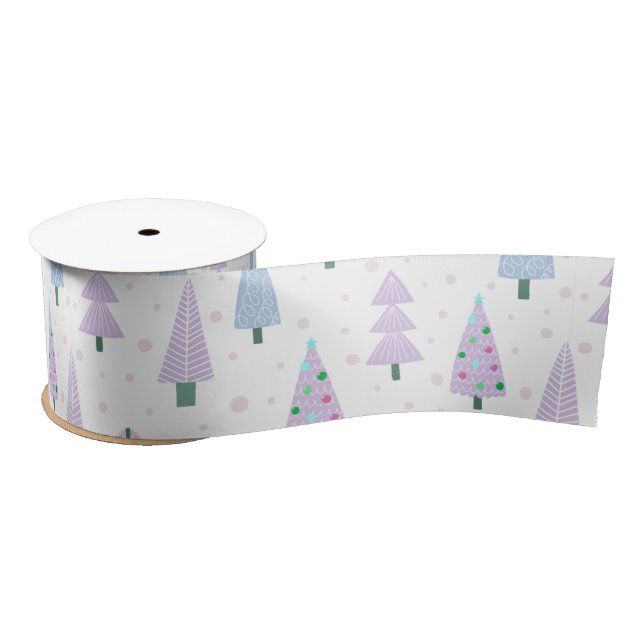 Modern Christmas Trees Lavender Blue White Satin Ribbon (Spool)