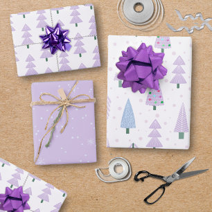 Modern Christmas Trees Lavender Pattern Trio Wrapping Paper Sheet