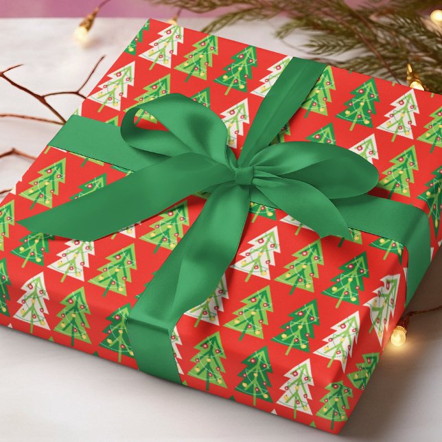 Modern Christmas Trees Lights Red Pattern Wrapping Paper (Creator Uploaded)