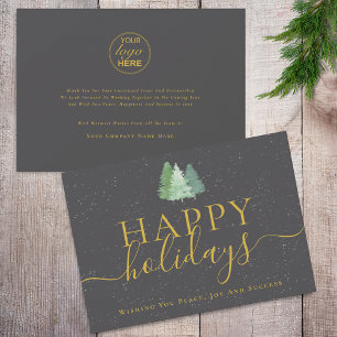Modern Christmas Trees Logo Grey Gold Business Holiday Card