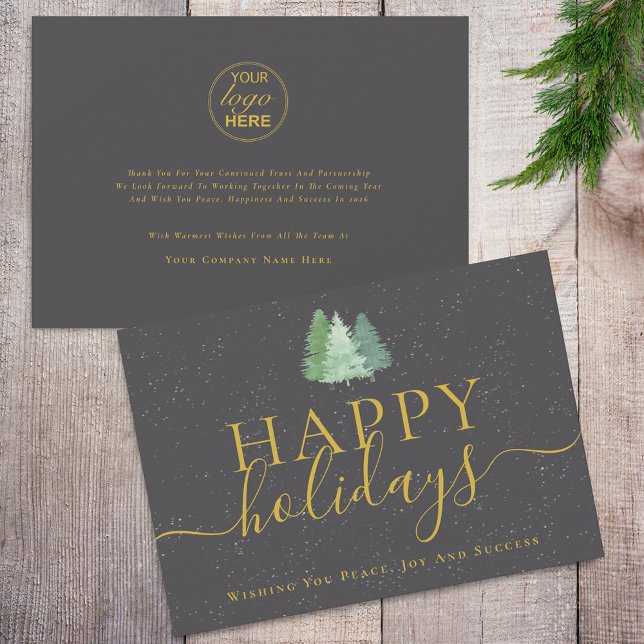 Modern Christmas Trees Logo Grey Gold Business Holiday Card (Modern watercolor snowy christmas trees company logo gold and gray business happy holidays card)