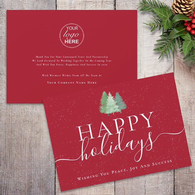 Modern Christmas Trees Logo Red Business Holiday Card (Modern watercolor snowy christmas trees logo happy holiday red business holiday card)