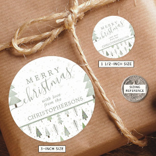 Modern Christmas Trees MERRY CHRISTMAS Script Classic Round Sticker