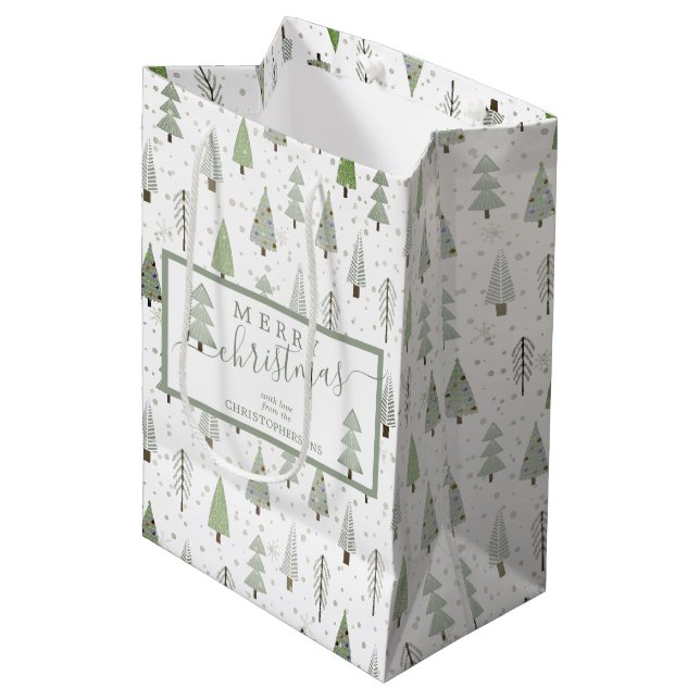 Modern Christmas Trees MERRY CHRISTMAS Script Sage Medium Gift Bag (Front Angled)