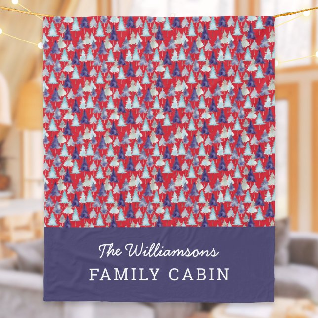 Modern Christmas Trees Pattern Family Cabin Custom Fleece Blanket (A red fleece blanket personalized with a family name, patterned with Christmas trees)